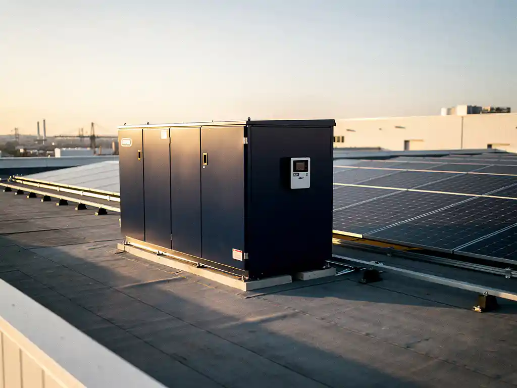 Industrieel batterijopslagsysteem naast zonnepanelen op een commercieel magazijn, gouden middagzon werpt lange schaduwen over het platte dak.