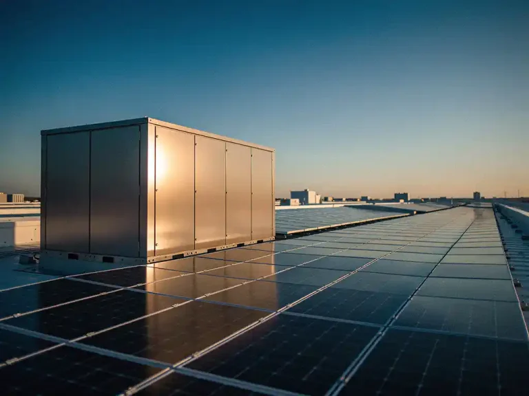 Industriële batterijopslag naast zonnepanelen op commercieel dak in warm middaglicht met lange schaduwen.