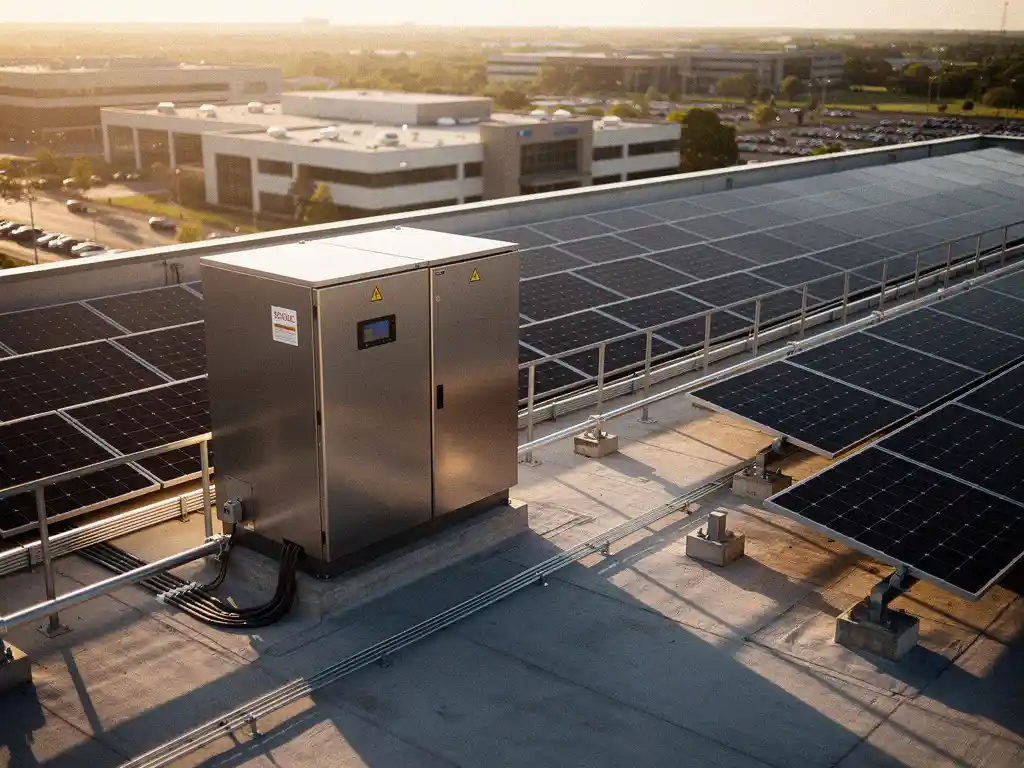 Industriële batterijopslag naast zonnepanelen op commercieel dak tijdens gouden uur, bedrijvenpark op achtergrond.