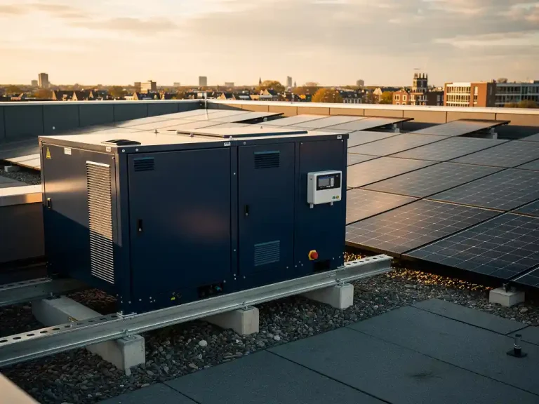 Industriële batterijopslag naast zonnepanelen op een Nederlands commercieel dak, met gouden middaglicht en energiemeter.