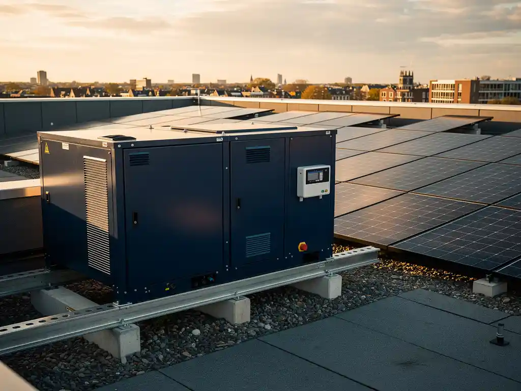 Industriële batterijopslag naast zonnepanelen op een Nederlands commercieel dak, met gouden middaglicht en energiemeter.