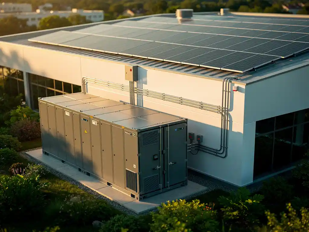 Industrieel batterijopslagsysteem naast commercieel gebouw met zonnepanelen op plat dak, verbonden via elektrische leidingen in middaglicht.