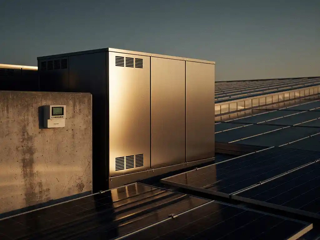 Industriële batterijopslag naast zonnepanelen op commercieel dak, met gouden middaglicht en energiemeter op betonnen muur.
