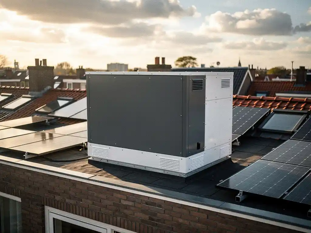 Batterijopslag op plat dak van Nederlands appartementengebouw, omringd door zonnepanelen onder bewolkte lucht.