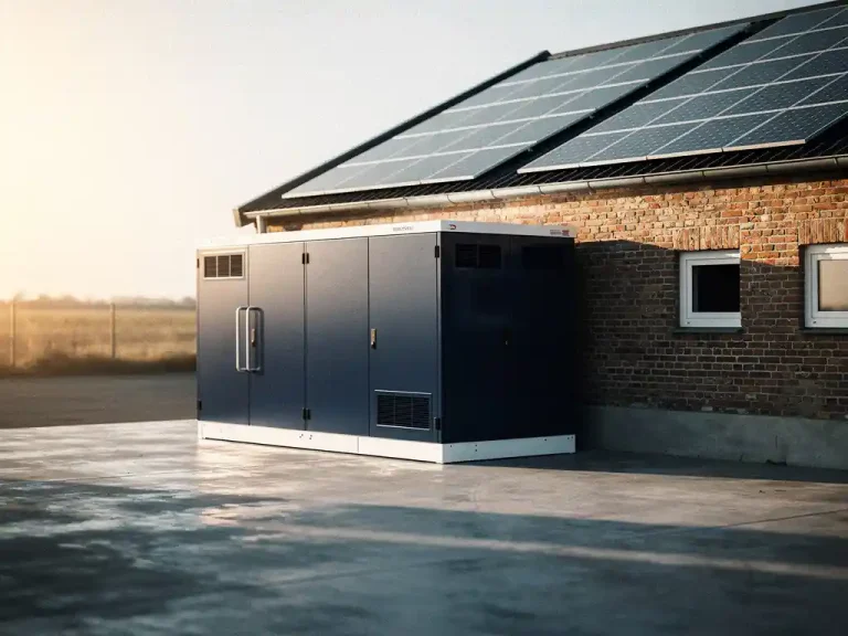 Industriële batterijopslag naast Nederlands bedrijfspand met zonnepanelen op het dak in warm middagzonlicht.