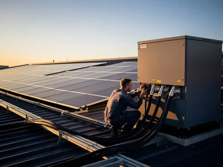 Technicus naast industriële batterijopslag gekoppeld aan zonnepanelen op commercieel pakhuis tijdens gouden uurtje.