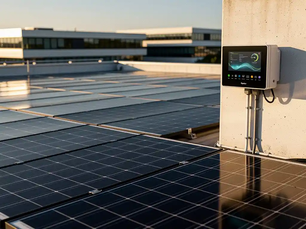 Commercieel dak met zonnepanelen in vol zonlicht, digitale energiemeter op industriële muur, modern Nederlands bedrijventerrein op achtergrond.