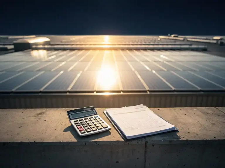 Commercieel dak met zonnepanelen op een Nederlands industrieel magazijn, rekenmachine en factuurmap op betonnen richel op de voorgrond.