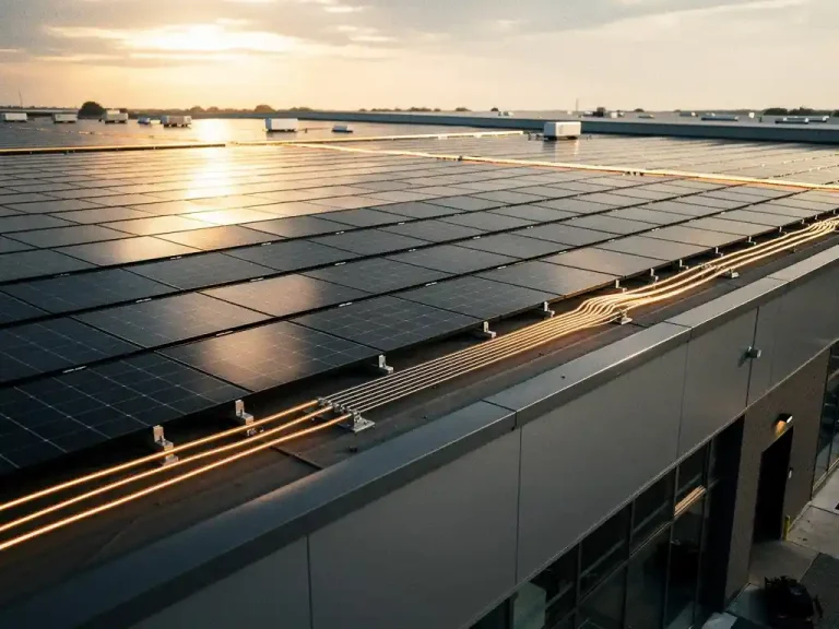 Commercieel dak met zwarte zonnepanelen onder een Nederlandse lucht, gouden middagzon weerspiegeld op de panelen.