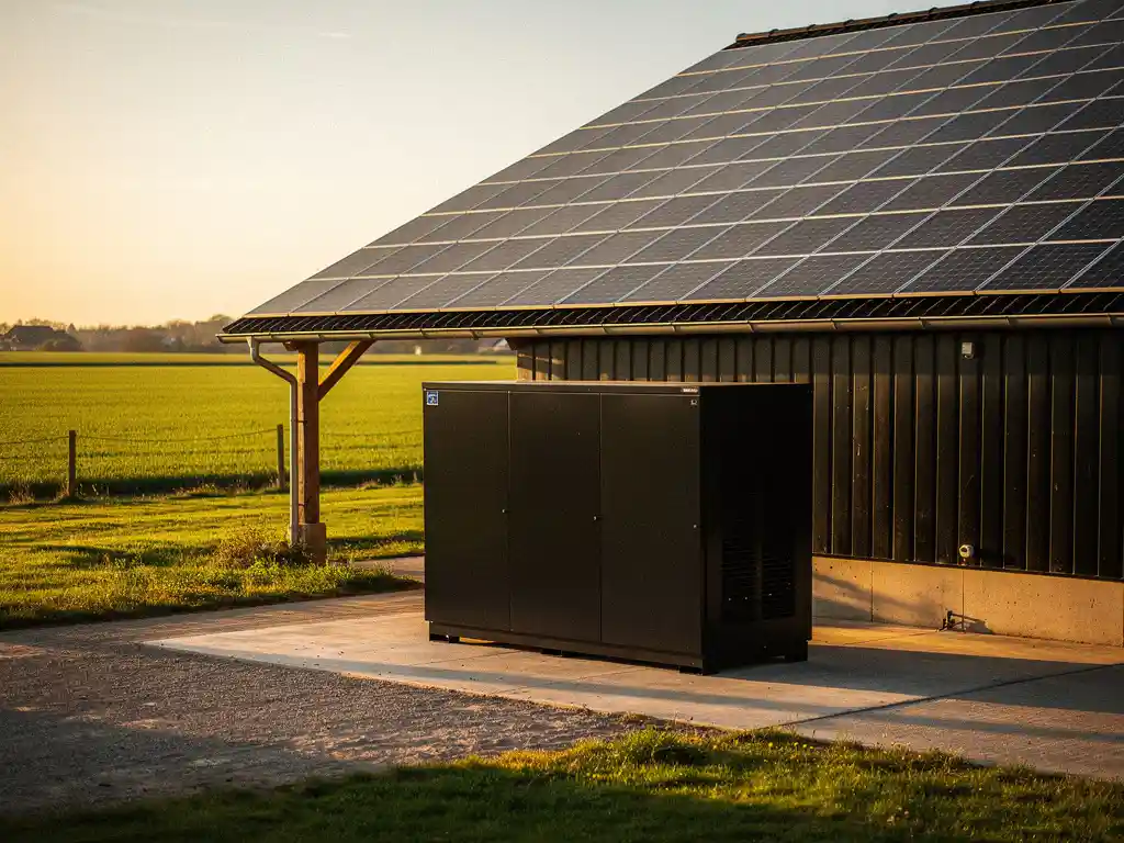 Zwarte batterijopslag naast een Nederlandse agrarische schuur met zonnepanelen op het dak, omgeven door groen polderlandschap in middagzon.