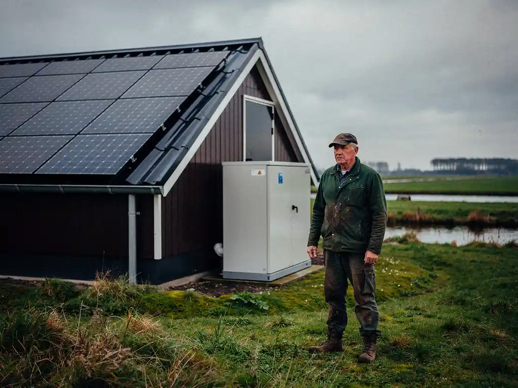 Nederlandse boer naast een moderne schuur met zonnepanelen op het dak en een batterijopslag bij de ingang, vlak polderlandschap op de achtergrond.