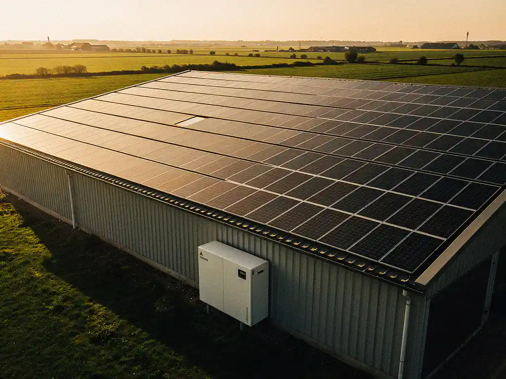 Agrarische schuur met zonnepanelen op het dak en batterijopslag op de gevel, omringd door Nederlands polderlandschap in gouden avondlicht.
