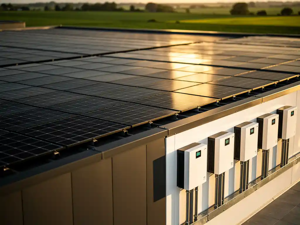 Commercieel dak met zwarte zonnepanelen en wandgemonteerde batterijopslag, gouden-uursbelichting, groene velden op achtergrond.