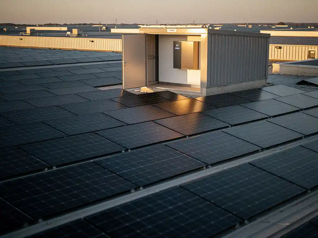 Industrieel dak vol zonnepanelen in gouduur licht, met een wandgemonteerde batterijopslag zichtbaar via de dakdeur van een magazijn.