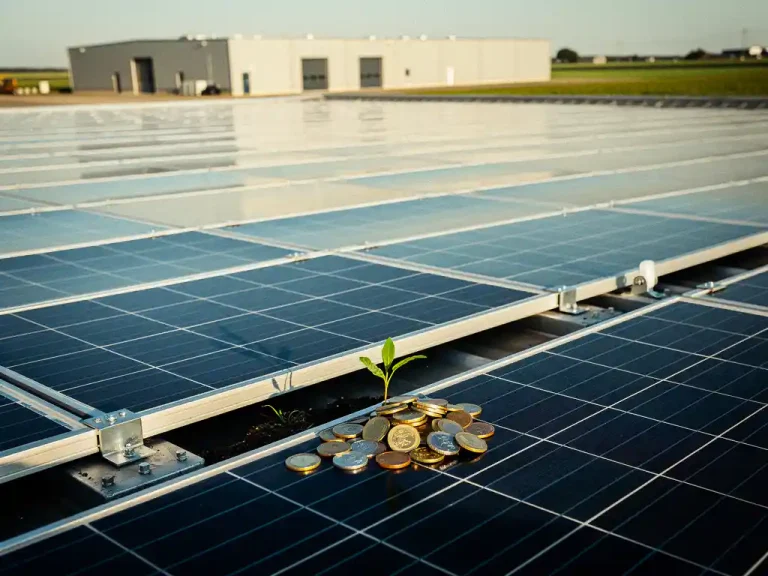 Zonnepanelen op plat industriedak in Nederland met euromunten en groen plantje als symbool voor financieel rendement.
