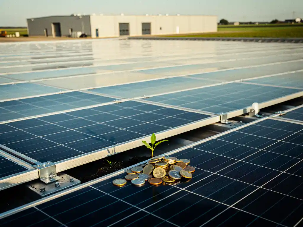 Zonnepanelen op plat industriedak in Nederland met euromunten en groen plantje als symbool voor financieel rendement.
