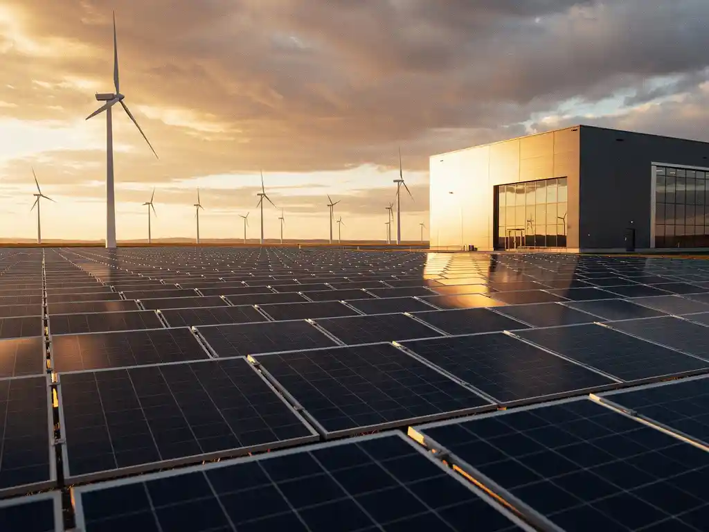 Uitgestrekt zonnepark met windturbines en industrieel gebouw in warm avondlicht, gefotografeerd vanuit laag perspectief.