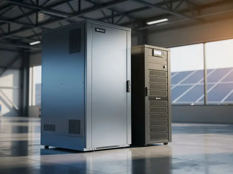 Industrieel batterij-energieopslagsysteem naast een UPS-unit in magazijn, zonnepanelen zichtbaar op achtergrond.