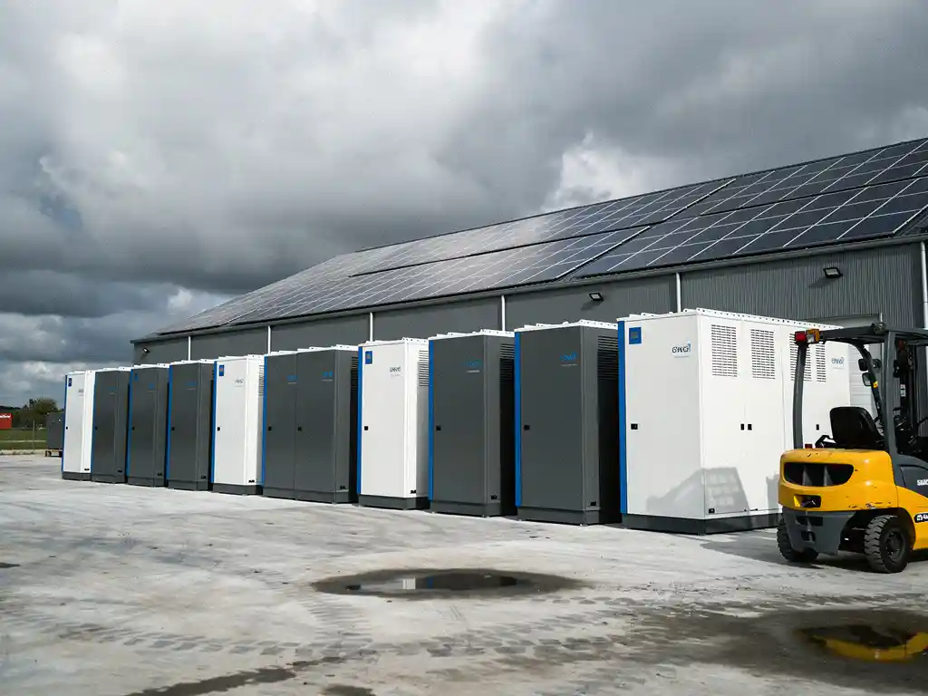 Industriële batterijopslag naast commercieel magazijn met zonnepanelen op het dak en een heftruck, bewolkte Nederlandse lucht.