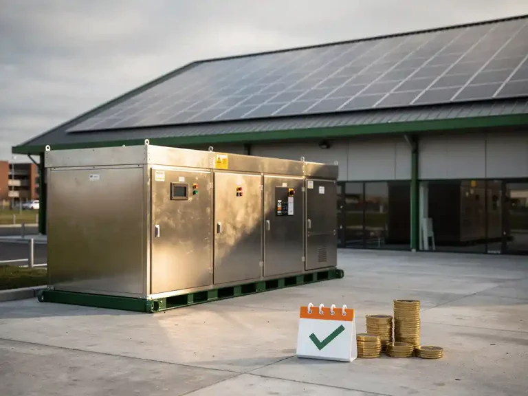 Industriële batterijopslag naast een magazijn met zonnepanelen op het dak, met euromunten en een kalender op beton die financieel rendement symboliseren.