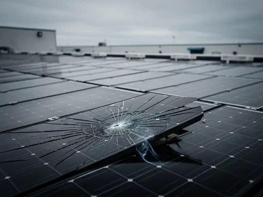 Beschadigd zonnepaneel met scheur en rookontwikkeling op industrieel magazijndak tussen grote commerciële zonne-installatie.