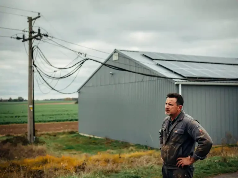 Gefrustreerde boer naast moderne agrarische schuur met overbelaste stroomkabels op nutsmast en ongebruikte zonnepanelen onder bewolkte lucht.