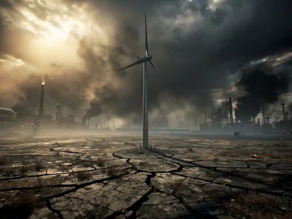 Moderne windturbine op droog, gebarsten industrieel landschap met rookwolken aan de horizon en gouden middaglicht.
