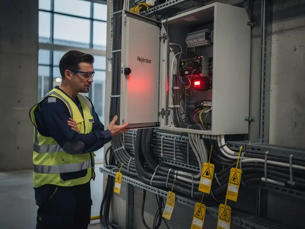 Gefrustreerde elektrotechnisch ingenieur bij afgewezen industriële verdeelkast met rood storingslampje en overbelaste kabelbunsels.