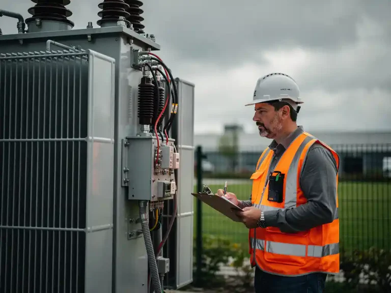 Elektromonteur in oranje veiligheidsvest inspecteert industriële stroomtransformator op commercieel terrein onder bewolkte lucht.