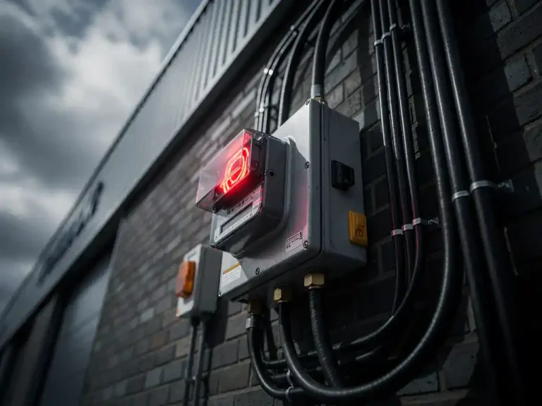 Industriële elektriciteitsmeter met rode overbelastingsindicator op buitenmuur van Nederlands logistiek pand, gespannen stroomkabels zichtbaar.