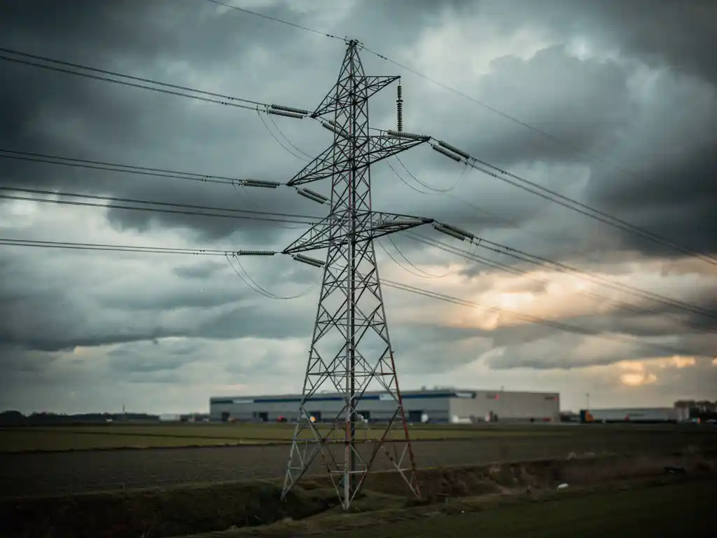 Verweerde hoogspanningsmast in een Nederlands polderlandschap met doorzakkende kabels en een logistiek magazijn op de achtergrond.