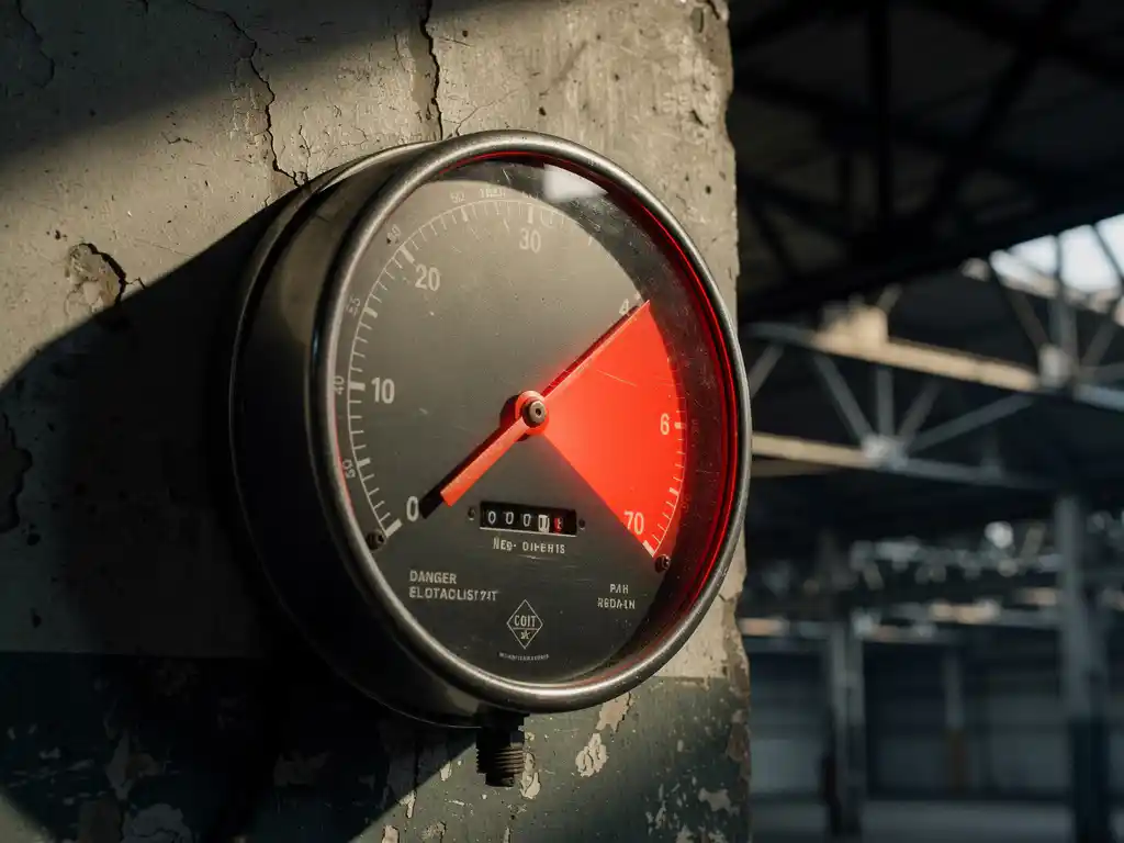 Elektriciteitsmeter met naald in het rood, gemonteerd op verweerde industriële muur in Nederlands magazijn met stalen balken op de achtergrond.