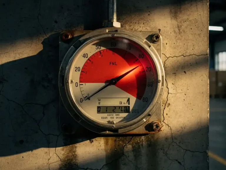 Industriële elektriciteitsmeter met naald in het rood, gemonteerd op verweerde betonnen magazijnmuur in dramatisch tegenlicht.