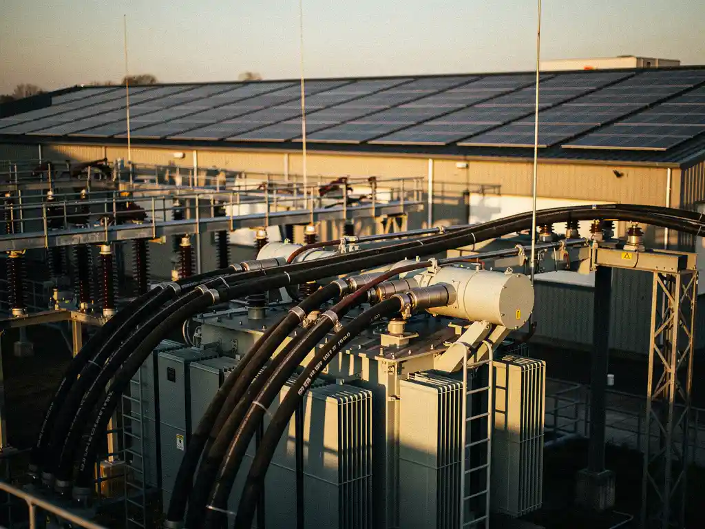 Industriële stroomkabels en transformatoren bij een Nederlands elektriciteitsstation, met zonnepanelen op een magazijn op de achtergrond.