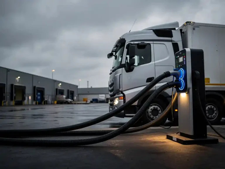 Elektrische vrachtwagen aangesloten op laadstation bij logistiek depot, dikke stroomkabels onder spanning in diffuus daglicht.