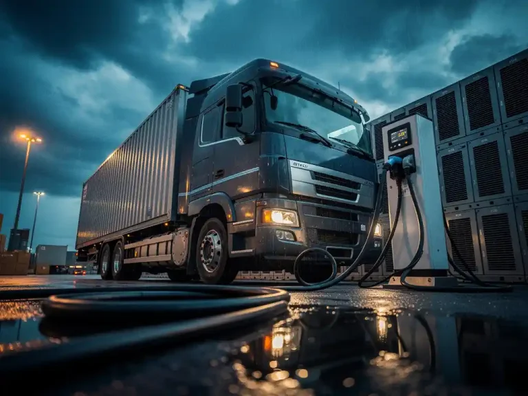 Elektrische vrachtwagen aangesloten op laadstation in logistiek terrein bij schemering, dikke laadkabels op nat asfalt.
