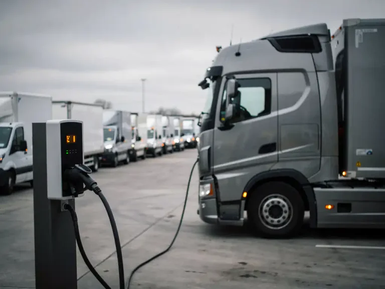Elektrische vrachtwagen aangesloten op laadstation met oranje indicatielicht, rijen stilstaande bestelbussen op druk logistiek terrein.
