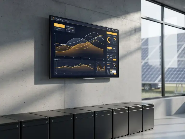 Industrieel energiedashboard op fabriekssmuur met realtime vermogensgrafiek, zonnepanelen zichtbaar door magazijnramen, zwarte batterijopslagunit