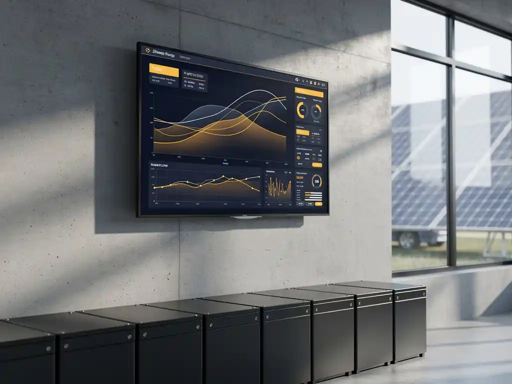 Industrieel energiedashboard op fabriekssmuur met realtime vermogensgrafiek, zonnepanelen zichtbaar door magazijnramen, zwarte batterijopslagunit