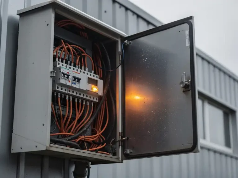 Industriële elektrische schakelkast op buitenmuur van Nederlands pakhuis, deur op een kier met overbelaste zekeringen en kabelwirwar, oranje waarschuwingslampje zichtbaar.