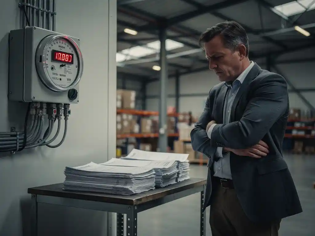 Gefrustreerde ondernemer naast industriële elektriciteitsmeter met hoge stand, Nederlands magazijn op achtergrond, onbetaalde facturen op werkbank.