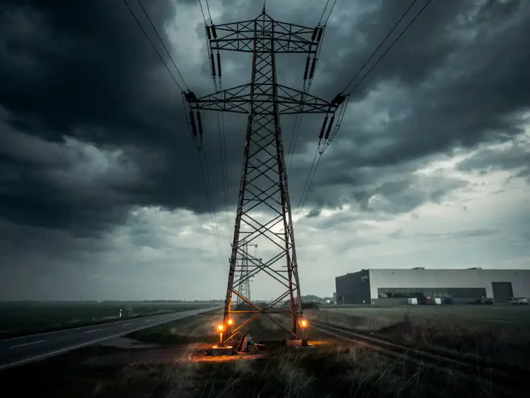 Verweerde hoogspanningsmast in Nederlands polderlandschap met oranje waarschuwingslichten, dreigende stormlucht en magazijn op achtergrond.