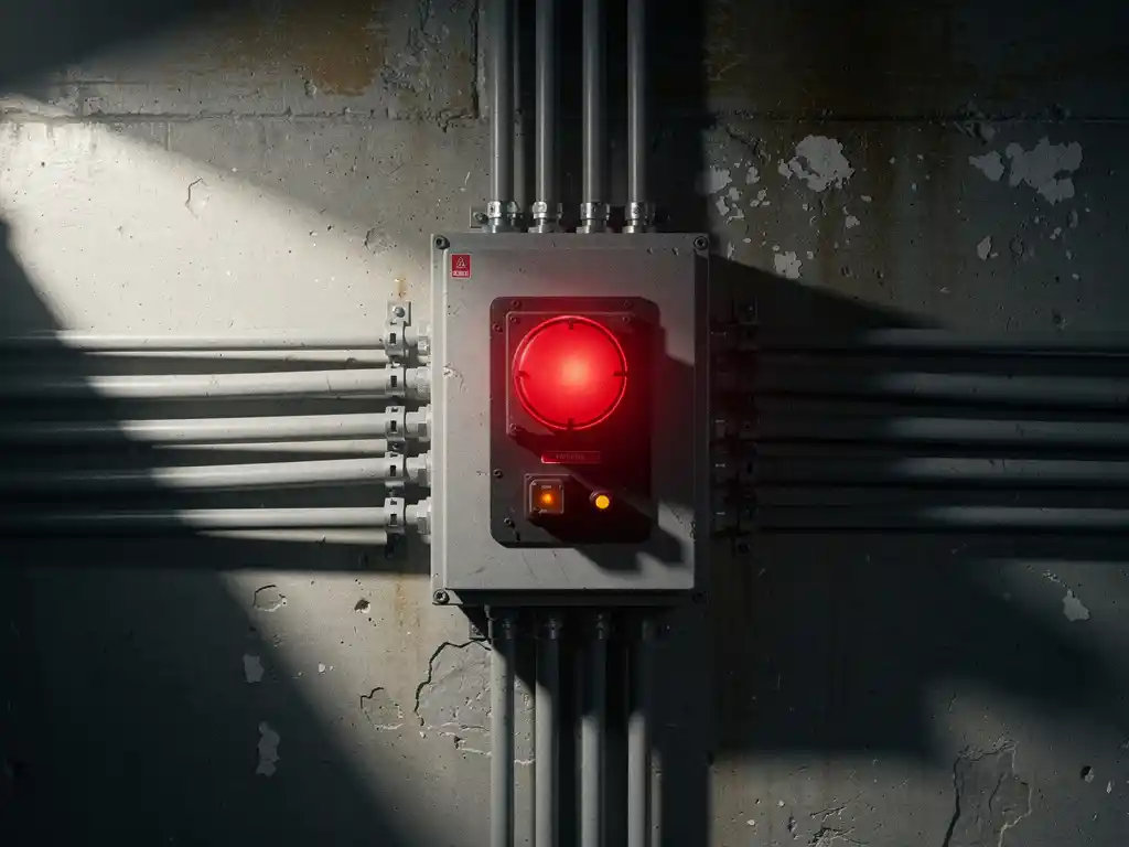 Industrieel elektrisch schakelkast met rood waarschuwingslampje op verweerde betonnen muur, dikke stroomkabels zichtbaar.