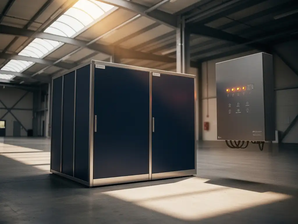 Industrieel batterijopslagsysteem naast energiebeheerpaneel in Nederlands magazijn met daglicht door dakramen.