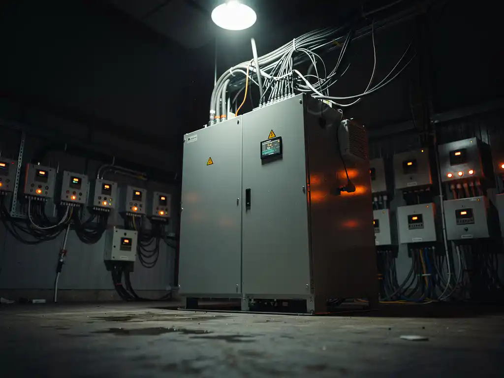 Industriële batterijopslag in donker magazijn met flikkerende oranje waarschuwingslichten en blootliggende bedrading.