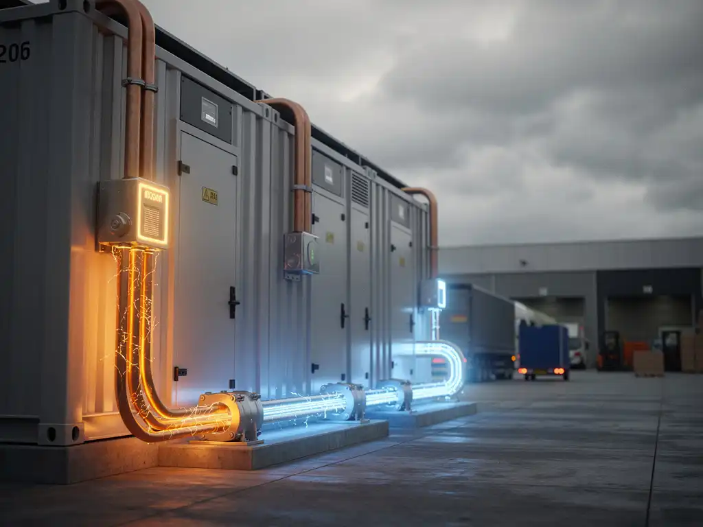 Industrieel batterijopslagsysteem naast een logistiek magazijn met koperen kabels die energie transporteren onder bewolkte lucht.