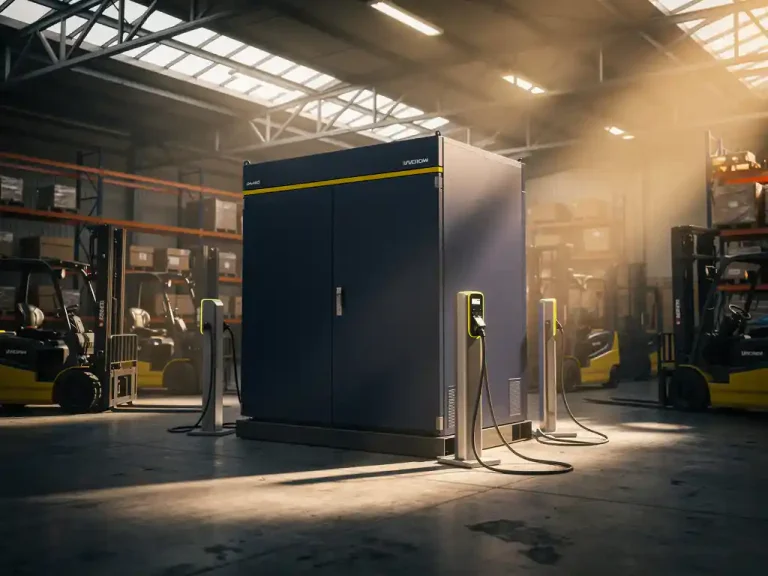 Industrieel batterijopslagsysteem in magazijn met elektrische heftrucks aan laadstations, betonnen vloer en stalen stellingen op de achtergrond.