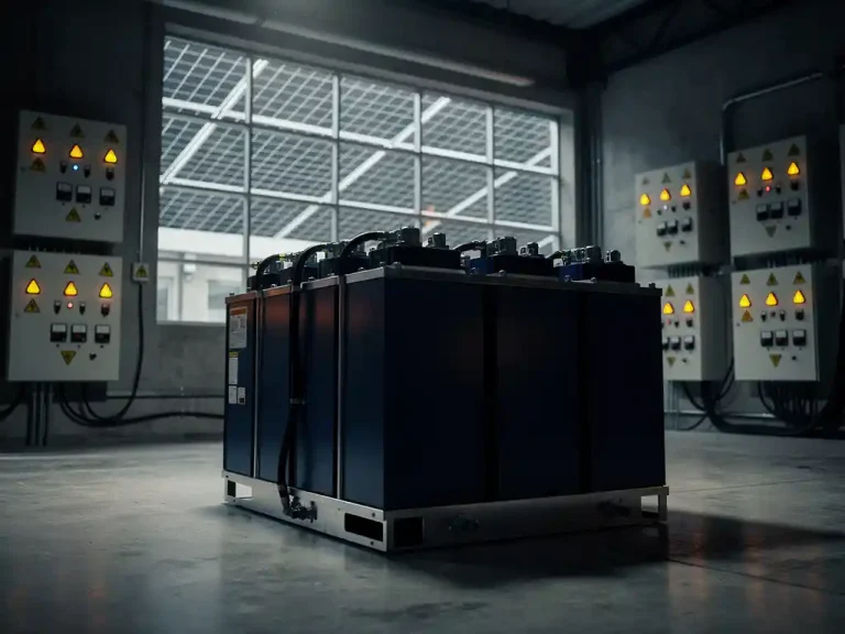 Industriële batterijopslag op betonnen vloer, met oranje waarschuwingsindicatoren op elektrische panelen en zonnepanelen zichtbaar door fabrieksraam.