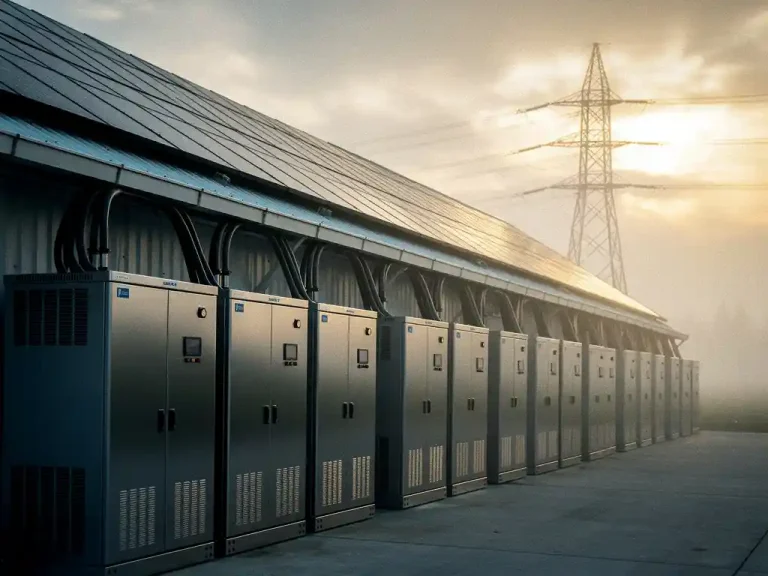 Industriële batterijopslag naast modern magazijn, verbonden met zonnepanelen op dak, hoogspanningsmast zichtbaar op de achtergrond.
