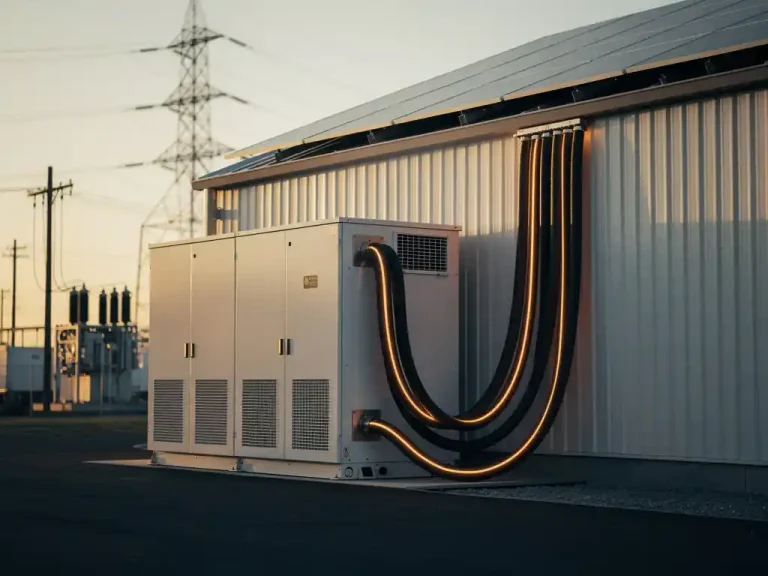 Industrieel batterijopslagsysteem naast een modern magazijn, verbonden met zonnepanelen op het dak via dikke stroomkabels in warm amberkleurig licht.